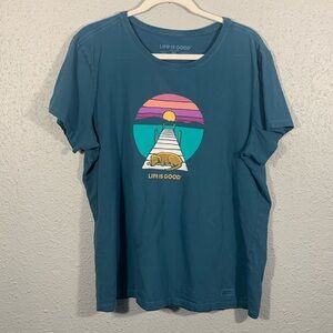 Life is Good “Dog Relaxing in Sunset” Teal Blue Crusher 100% Cotton Tee size XL